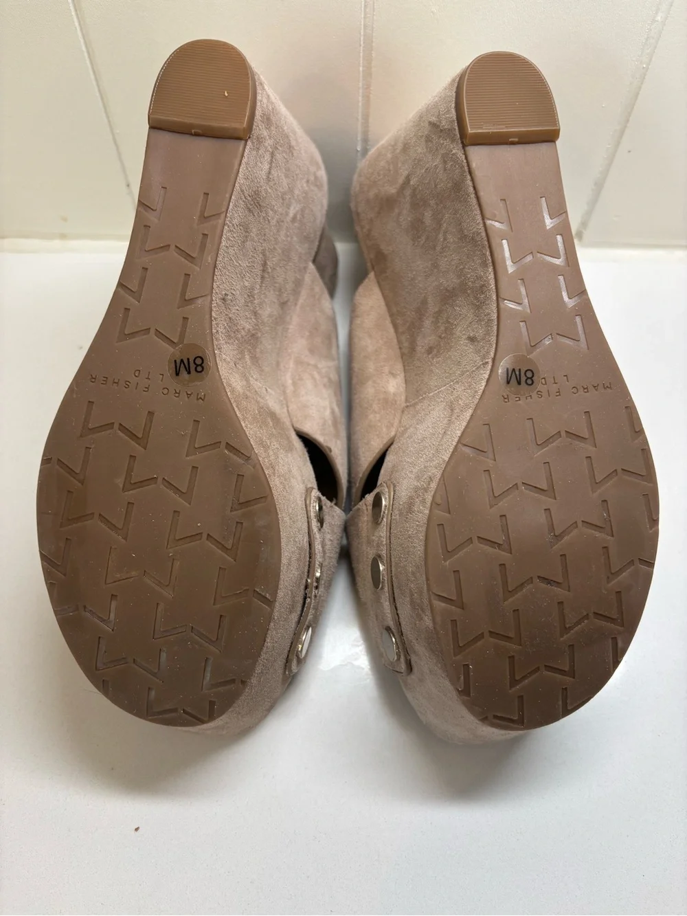 Marc Fisher Blush Taupe Suede Crisscross Platform Wedges